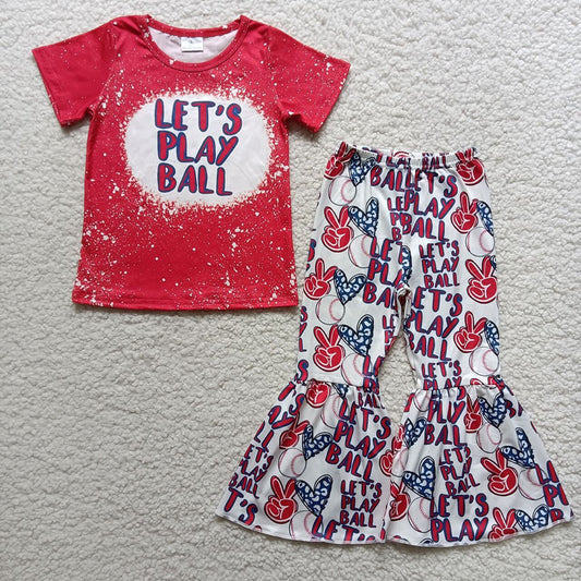 B0-12Baby girls baseball short sleeve shirt bell bottom pants red clothing sets