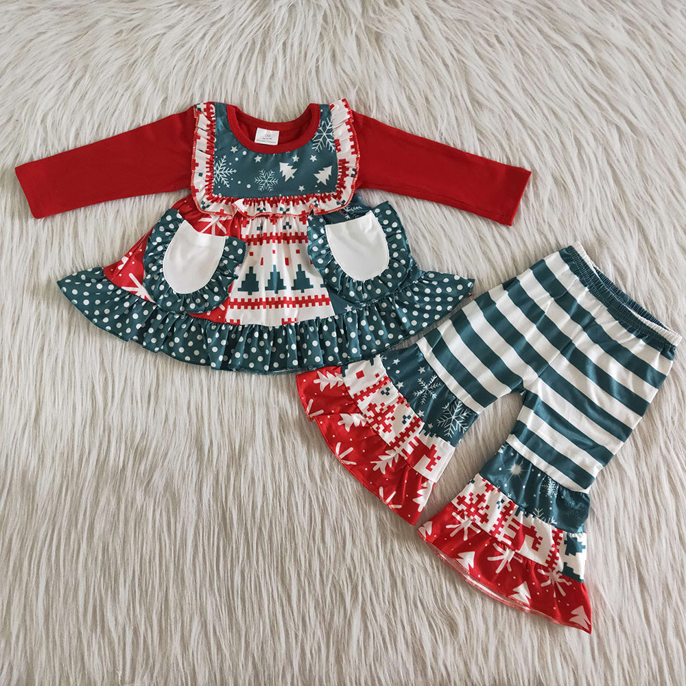 Baby Girls Christmas snowflake bell pants pocket tunic clothing sets