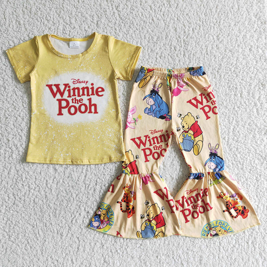 Baby girls cartoon bear yellow color shirt bell pants clothing sets