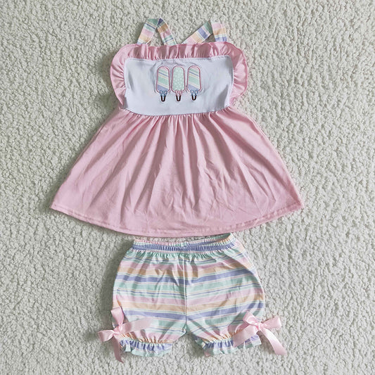 Baby girls pink popsicle shorts summer embroidered sets