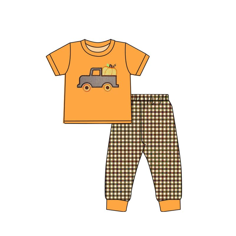 Baby Boys pumpkin tractor embroidered pants sets