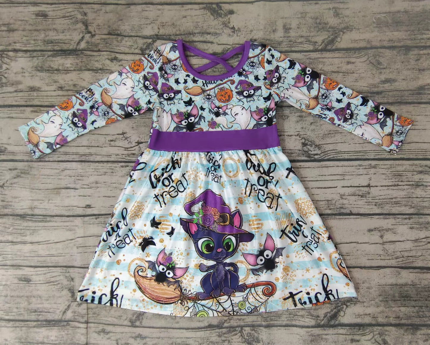 Baby girls Halloween cat long sleeve belt dresses