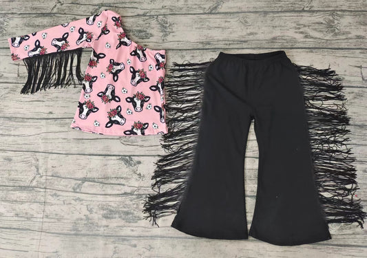 Baby girls pink cow tassel western pants clothes sets