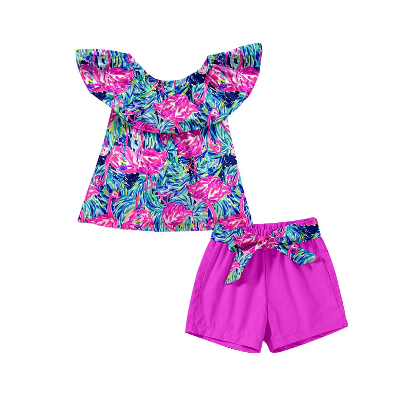 Baby girls flamingo pom pom floral shorts sets