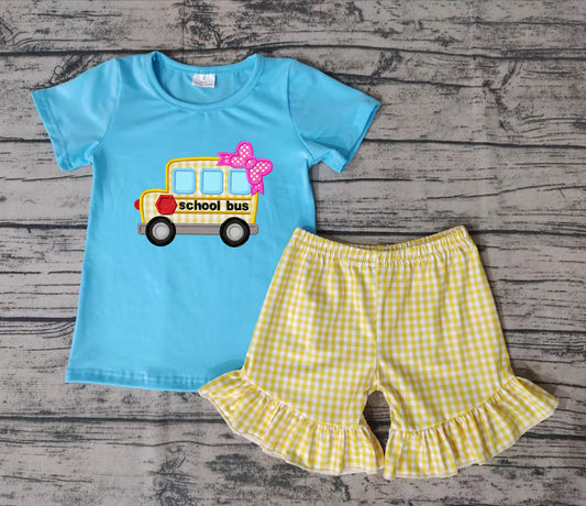 Baby girls back to school blue bow shorts sets