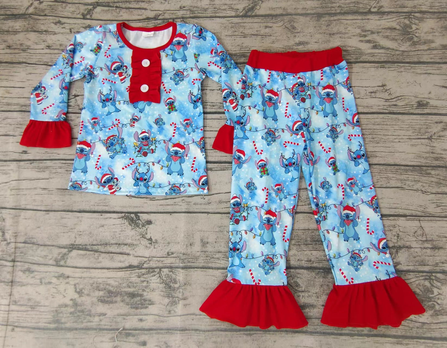 Christmas baby girls cartoon ruffle holiday pajamas sets