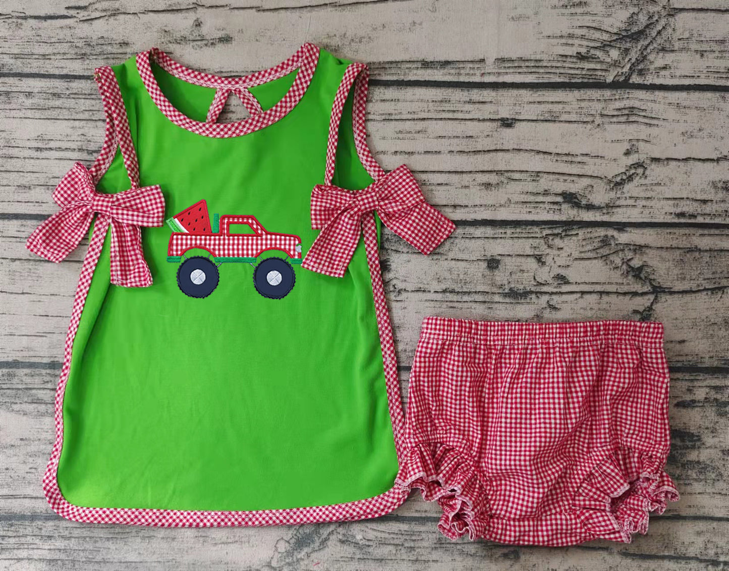 Baby girls watermelon tractor bummie summer sets