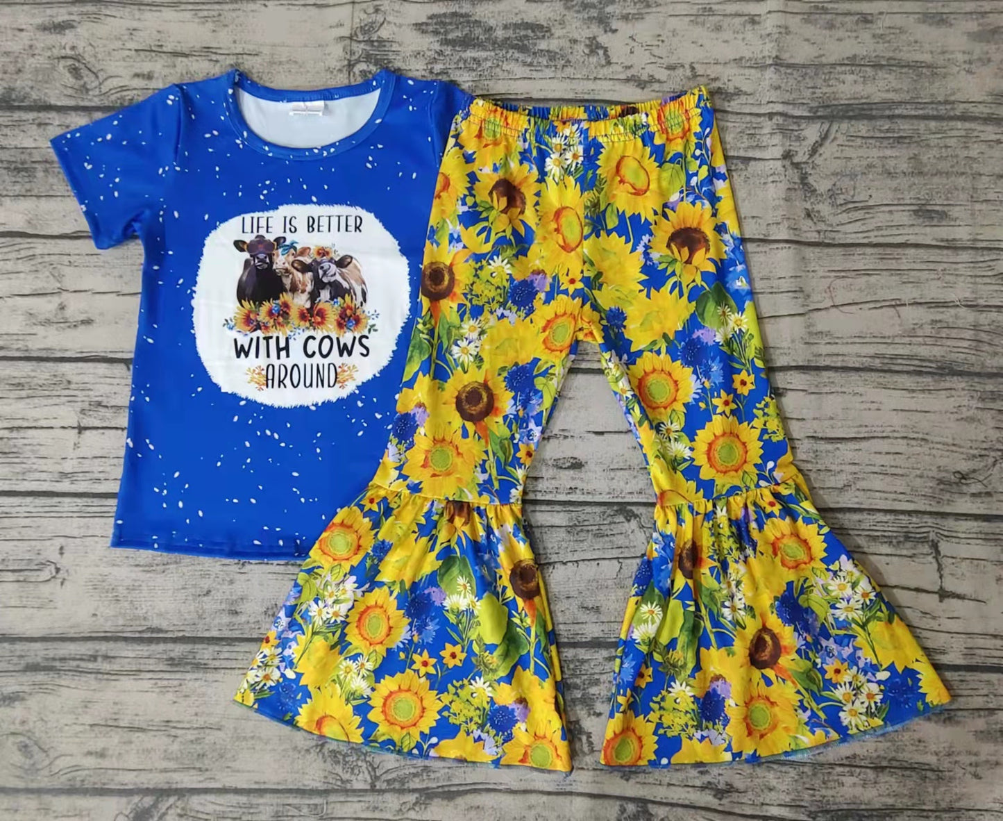 Baby girls sunflower cow western bell pants sets