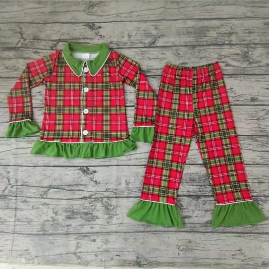 Baby girls Christmas red green plaid pajamas sets