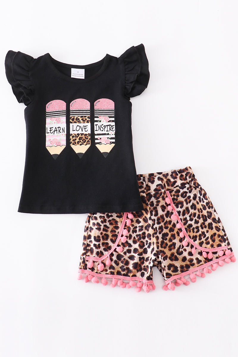 Baby girls back to school leopard shorts sets