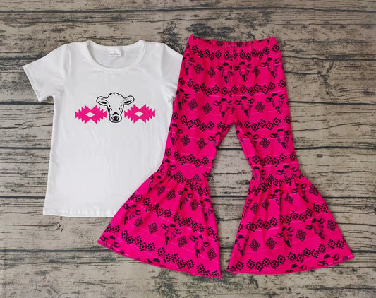 Baby girls western cow hotpink bell pants sets