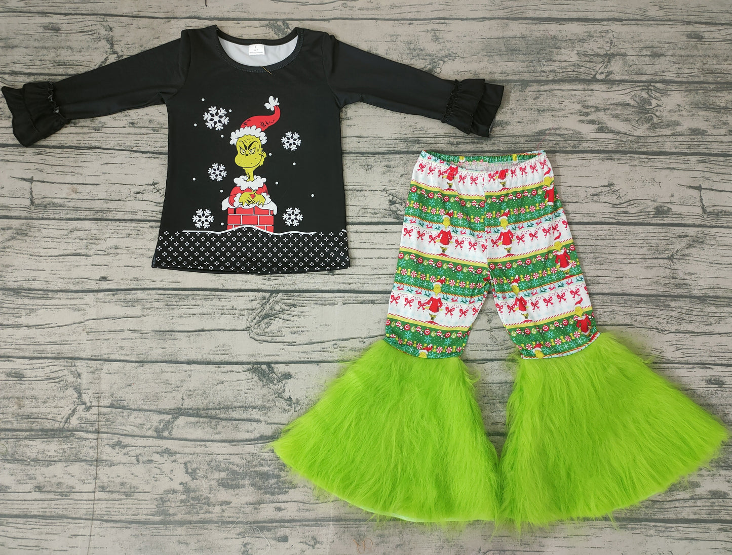 Baby girls Christmas black green fur bell pants sets