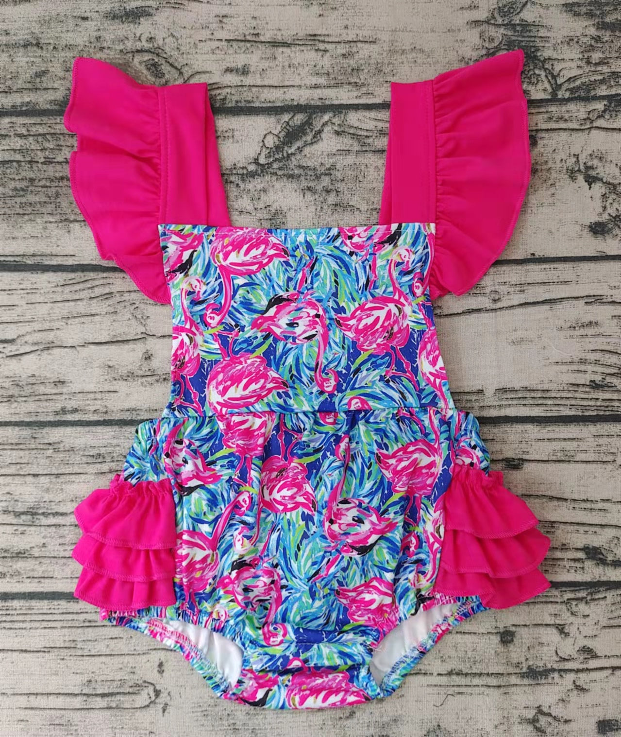 Baby girls flamingo floral ruffle romper bubbles