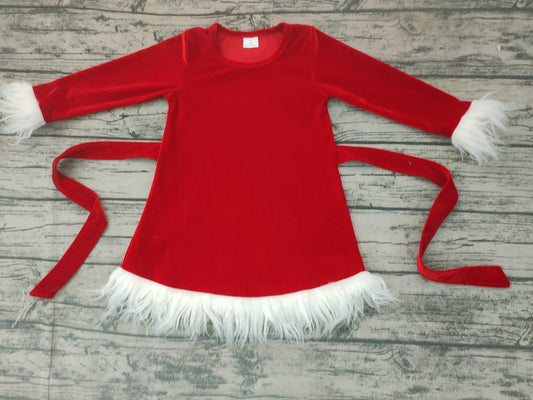 Baby girls Christmas red belt velvet long sleeve dresses