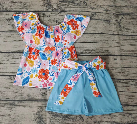 Baby girls floral pom pom top shorts summer sets