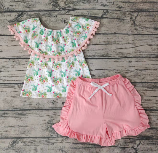 Baby girls pink cactus ruffle shorts summer sets