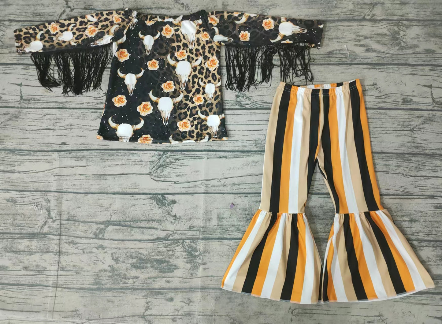 Baby girls leopard cow tassel top stripe bell pants clothes sets