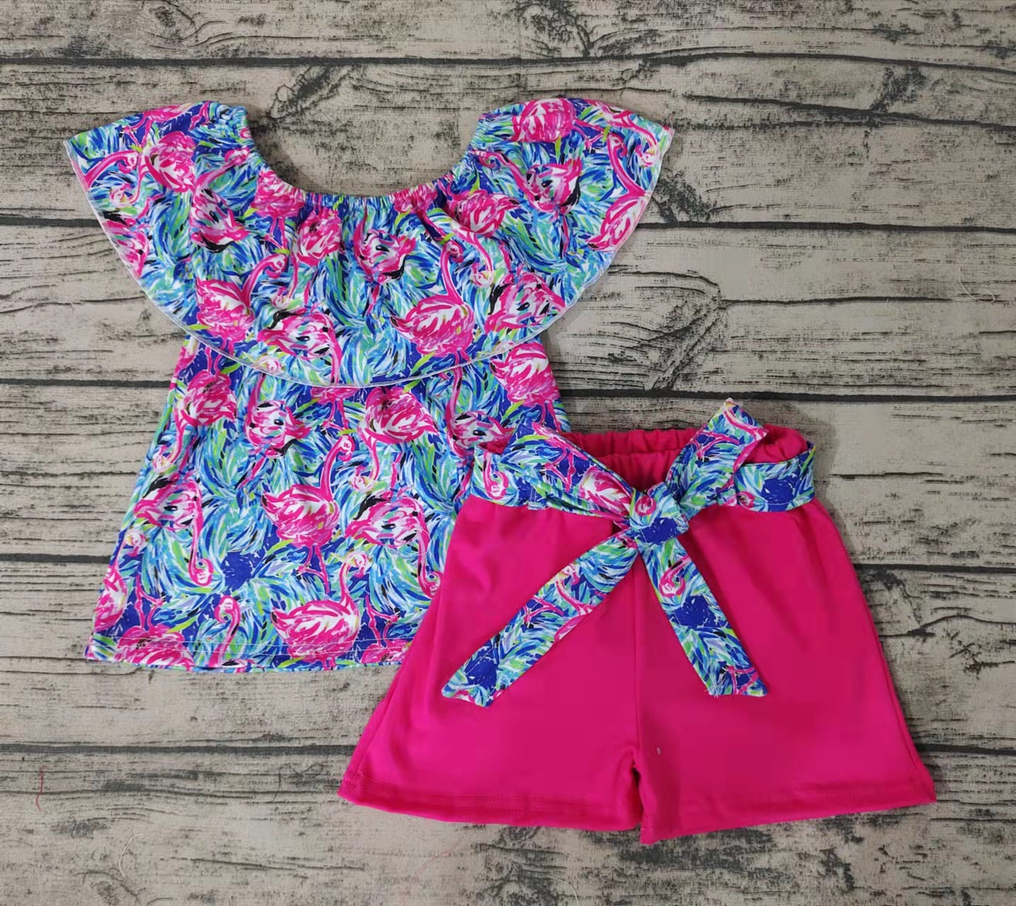 Baby girls flamingo pom pom floral shorts sets