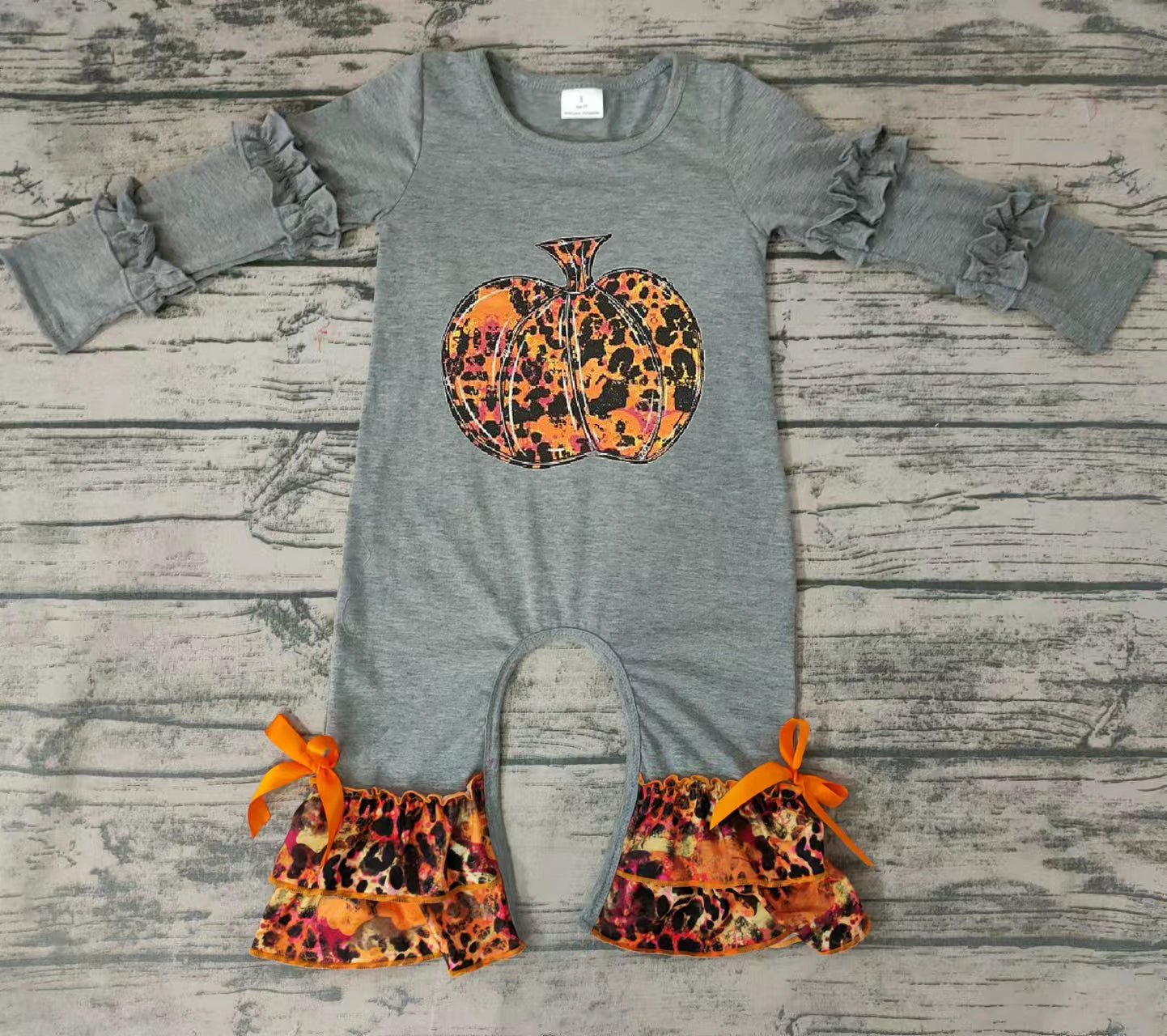Baby girls grey pumpkin fall ruffle rompers