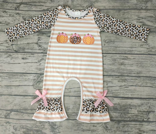 Baby girls three pumpkin ruffle rompers