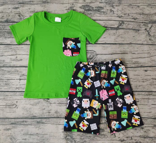 Baby boys cartoon green pocket shorts sets