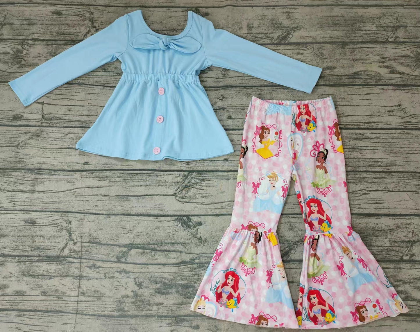 Baby girls fall princess blue top bow bell pants sets