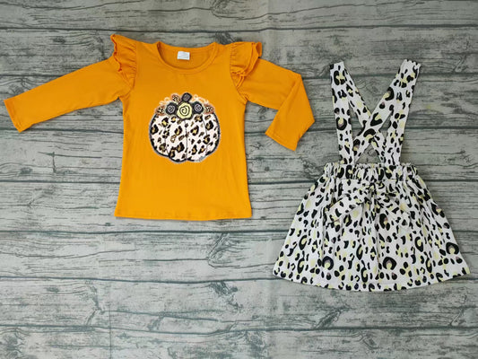 Baby girls fall pumpkin suspender skirts leopard sets