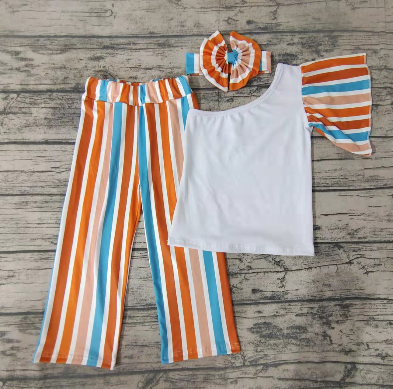 Baby girls stripe bell pants boutique clothing sets(can choose headband)