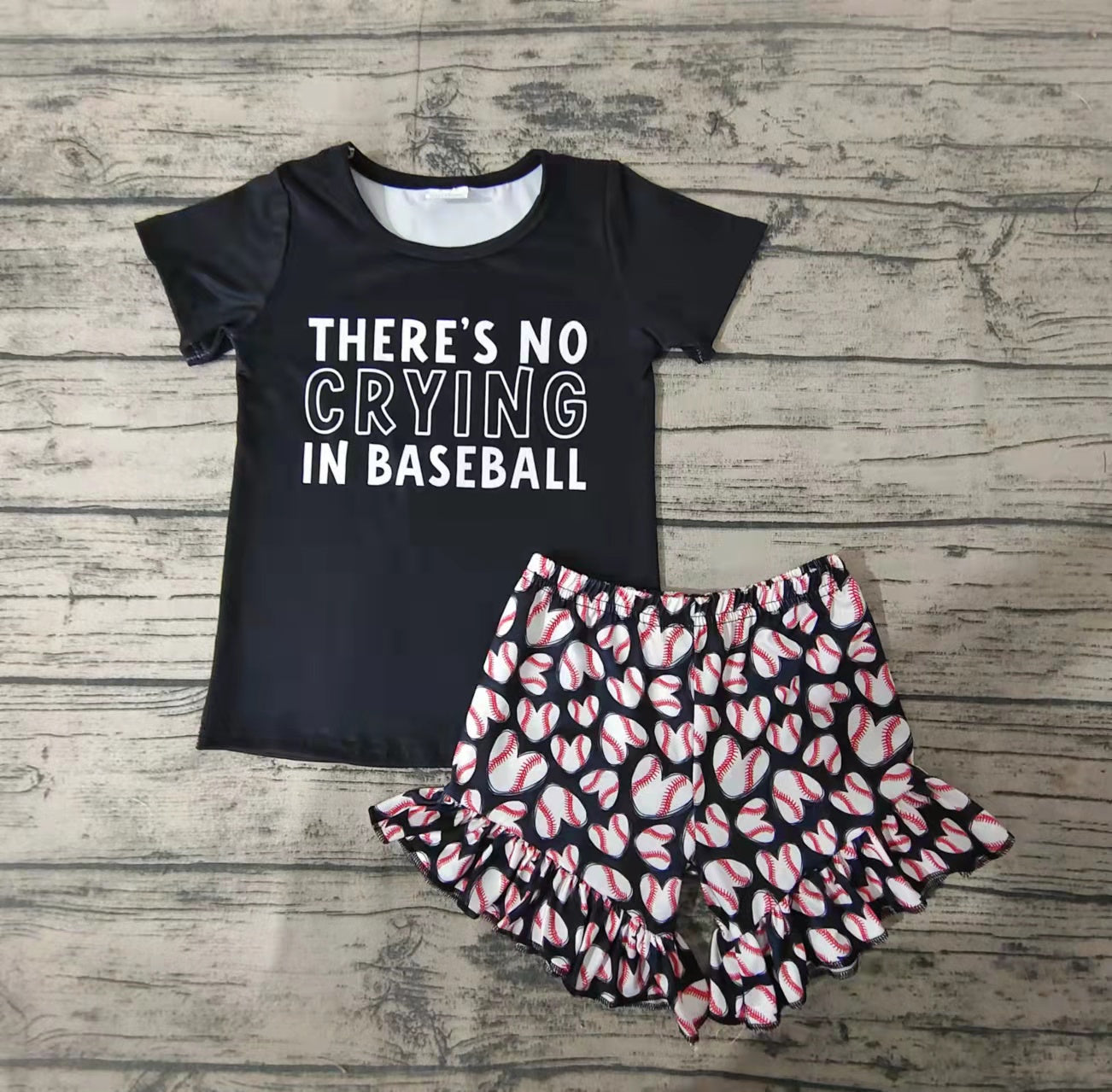 Baby girls there's no crying in baseball shorts sets