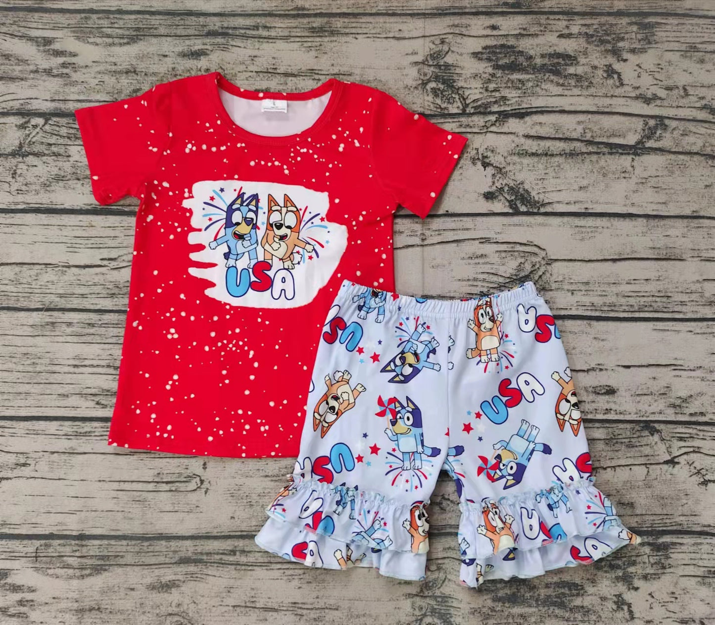 Baby girls cartoon red top 4th of july summer shorts sets