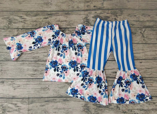 Baby Girls navy floral off shoulder top bell pants outfits sets