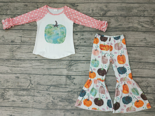 Baby Girls fall pumpkin dots long sleeve top bell pants clothes sets