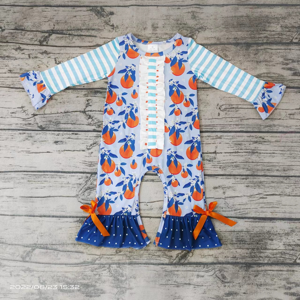 Baby girls blue stripe fruits ruffle rompers