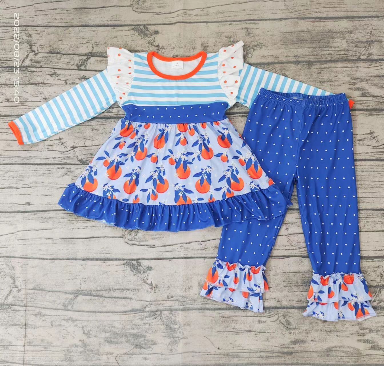 Baby Girls fall blue color fruits long sleeve top pants clothes sets