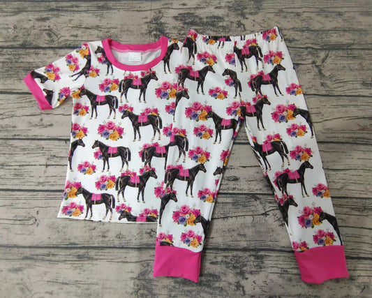 Baby girls horse floral pink western pajamas sleepwear clothes sets