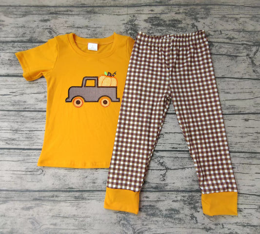 Baby Boys pumpkin tractor embroidered pants sets