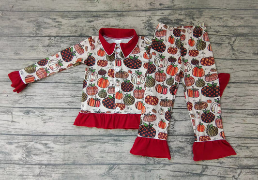 Baby girls pumpkin fall buttons up pajamas pants sets