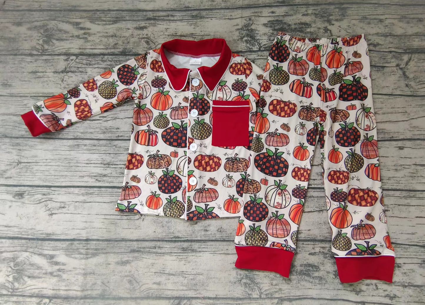 Baby boys pumpkin fall buttons up pajamas pants sets