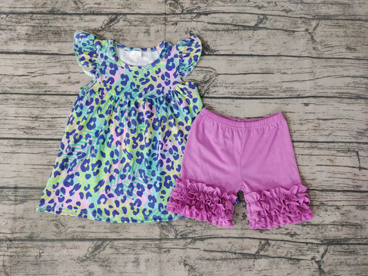 Baby girls summer purple leopard tunic ruffle shorts sets