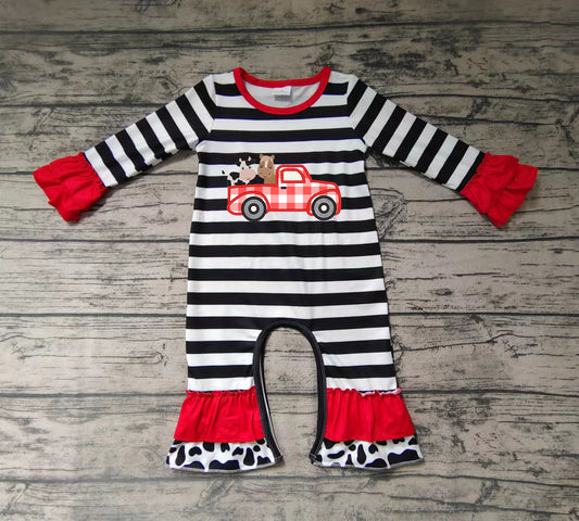 Baby girls farm tractor stripe ruffle rompers