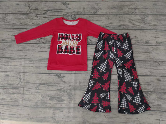 Baby girls Christmas holly tree black red bell pants clothes sets