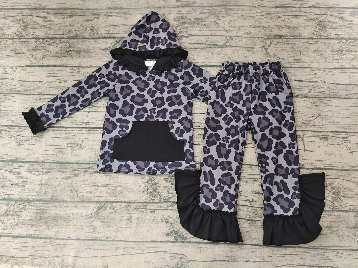 baby girls black leopard hood top ruffle pants sets