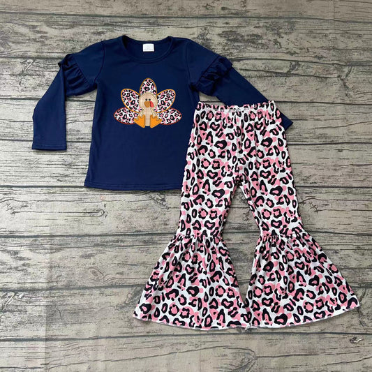 Baby girls navy thanksgiving turkey shirt leopard pants clothes