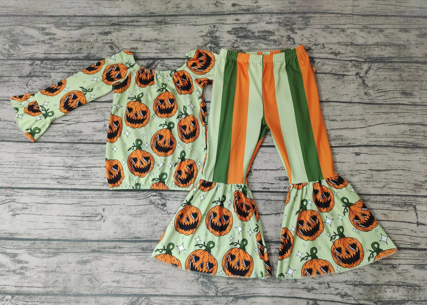 Baby girls fall pumpkin halloween off shoulder top bell pants sets