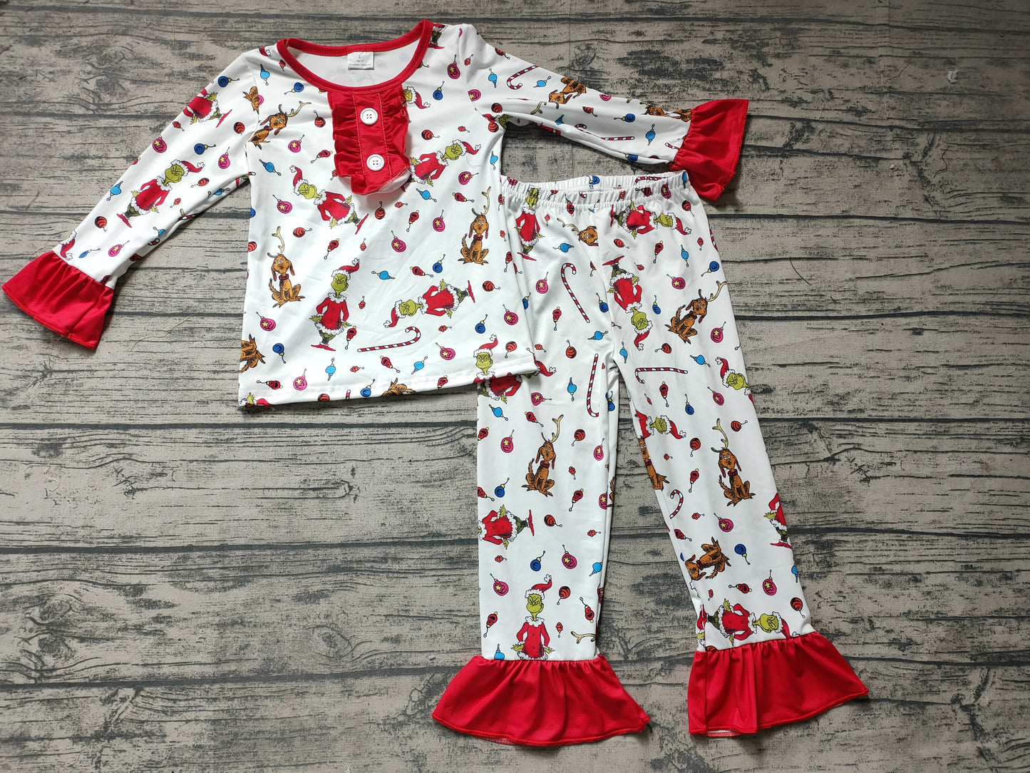 Christmas baby girls grin cartoon ruffle holiday pajamas