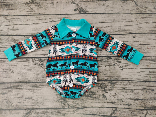 Baby boys horse western green long sleeve rompers