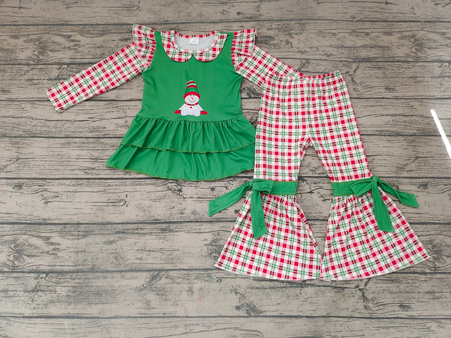 Baby girls snowman green tunic bell bottom pants clothes