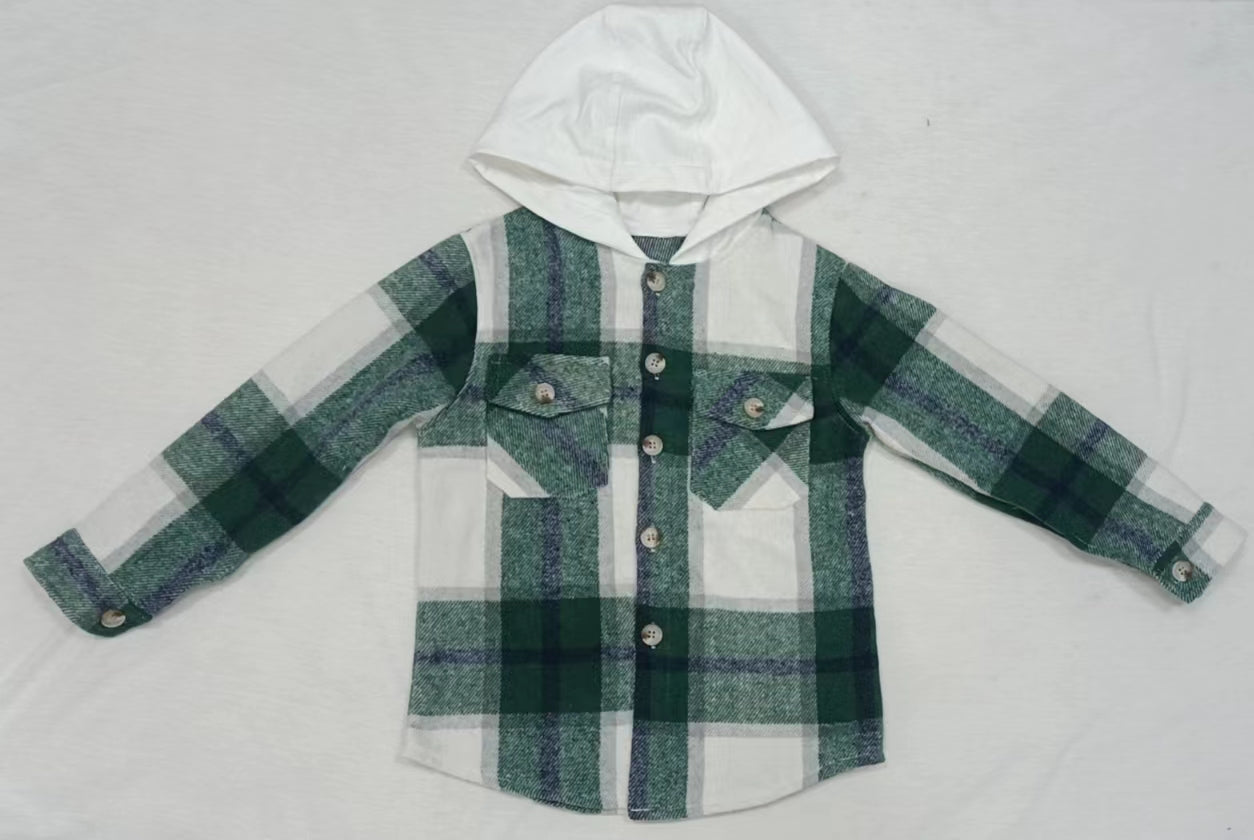 Baby kids green plaid hoodie pocket shirts Tops