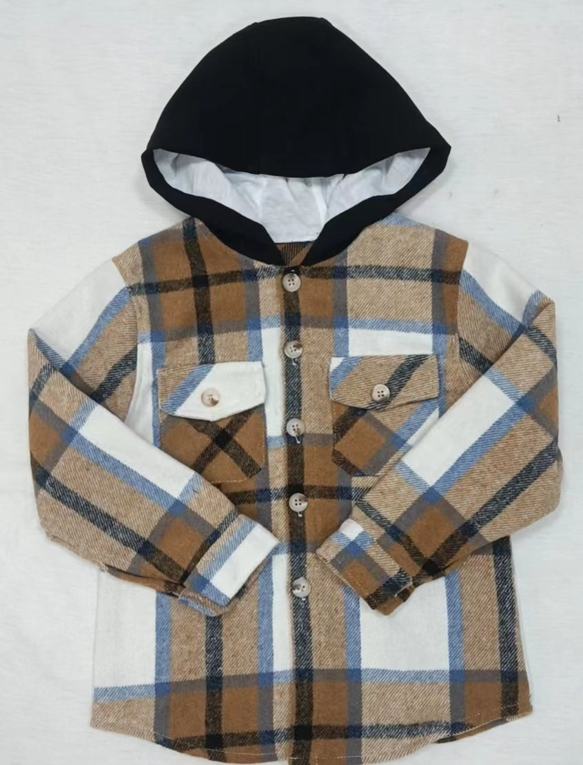 Baby kids brown plaid hoodie pocket shirts flannel tops