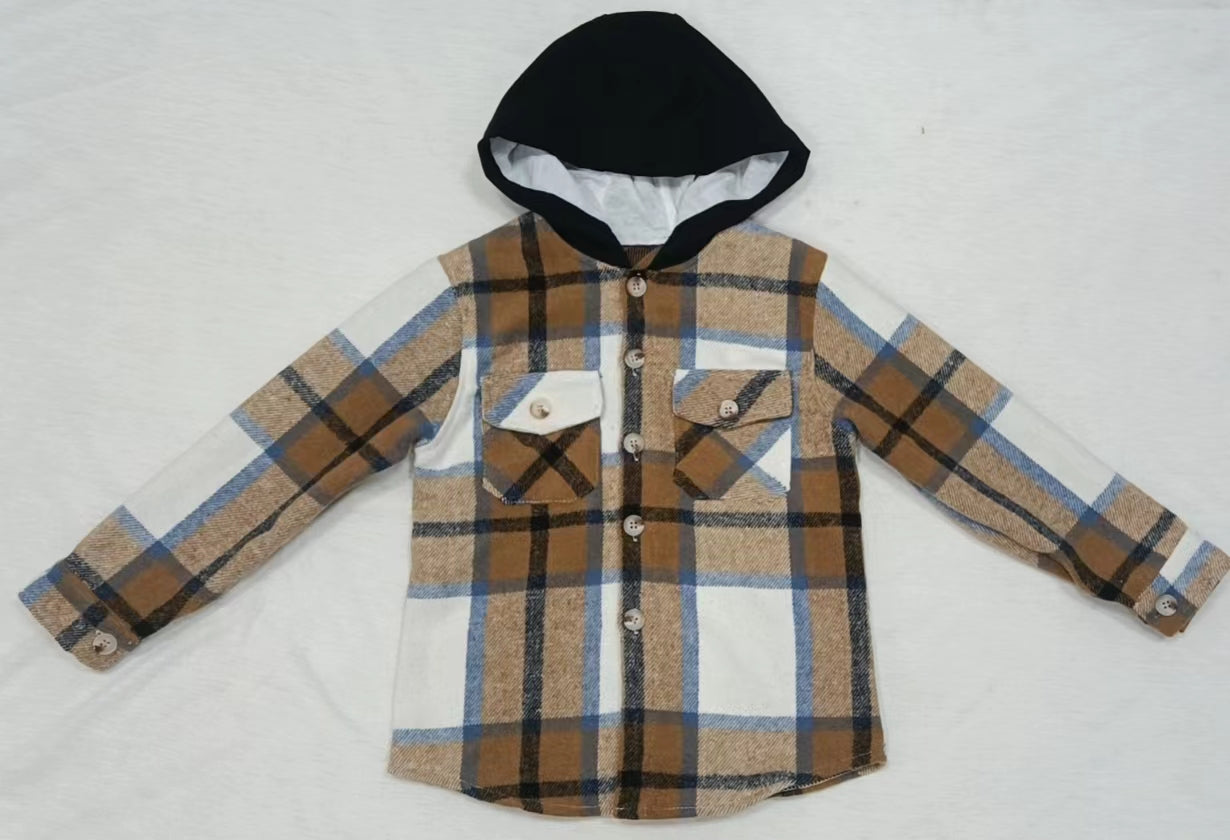 Baby kids brown plaid hoodie pocket shirts flannel tops